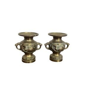 Pair of Vintage Chinese Bronze Peacock Buddhist Altar Flower Vases